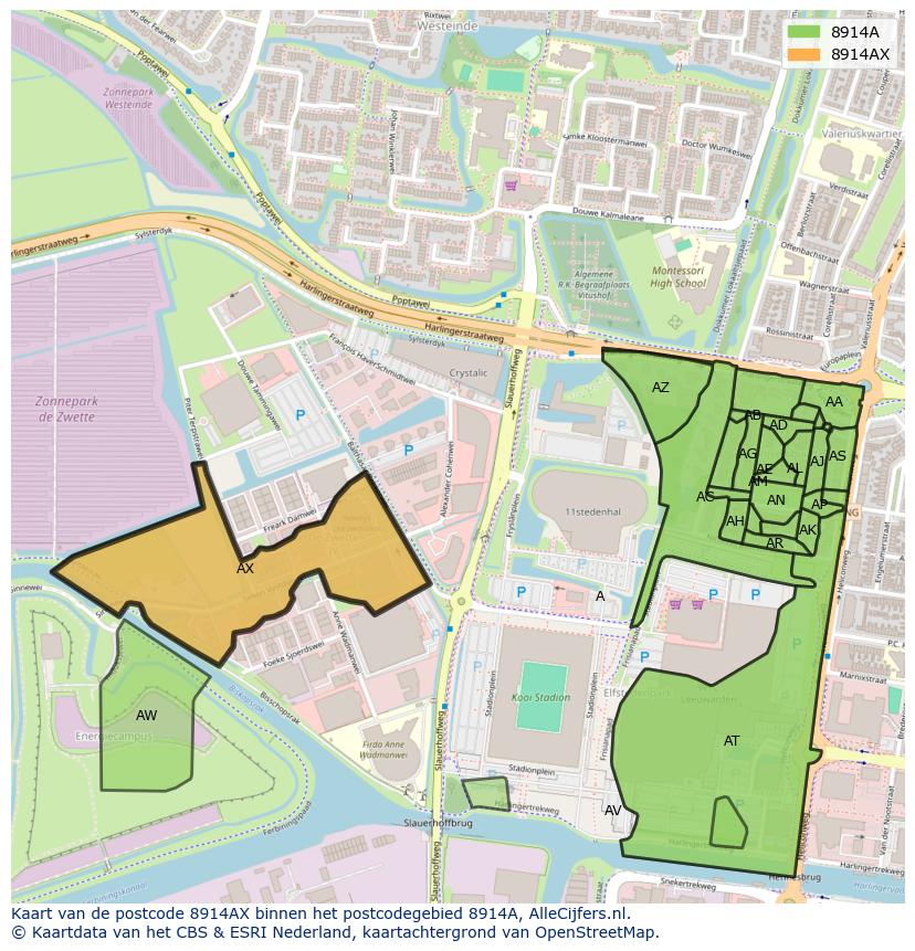 Afbeelding van het postcodegebied 8914 AX op de kaart.