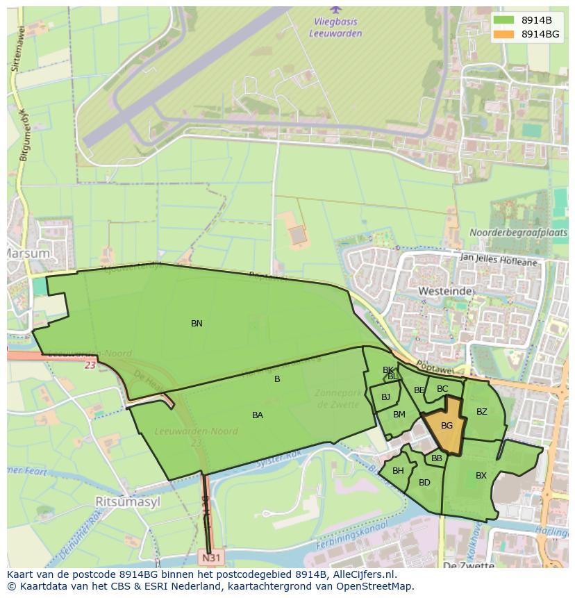Afbeelding van het postcodegebied 8914 BG op de kaart.