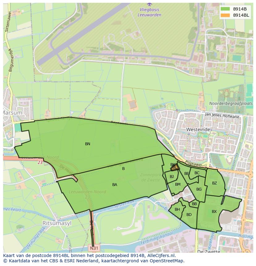 Afbeelding van het postcodegebied 8914 BL op de kaart.