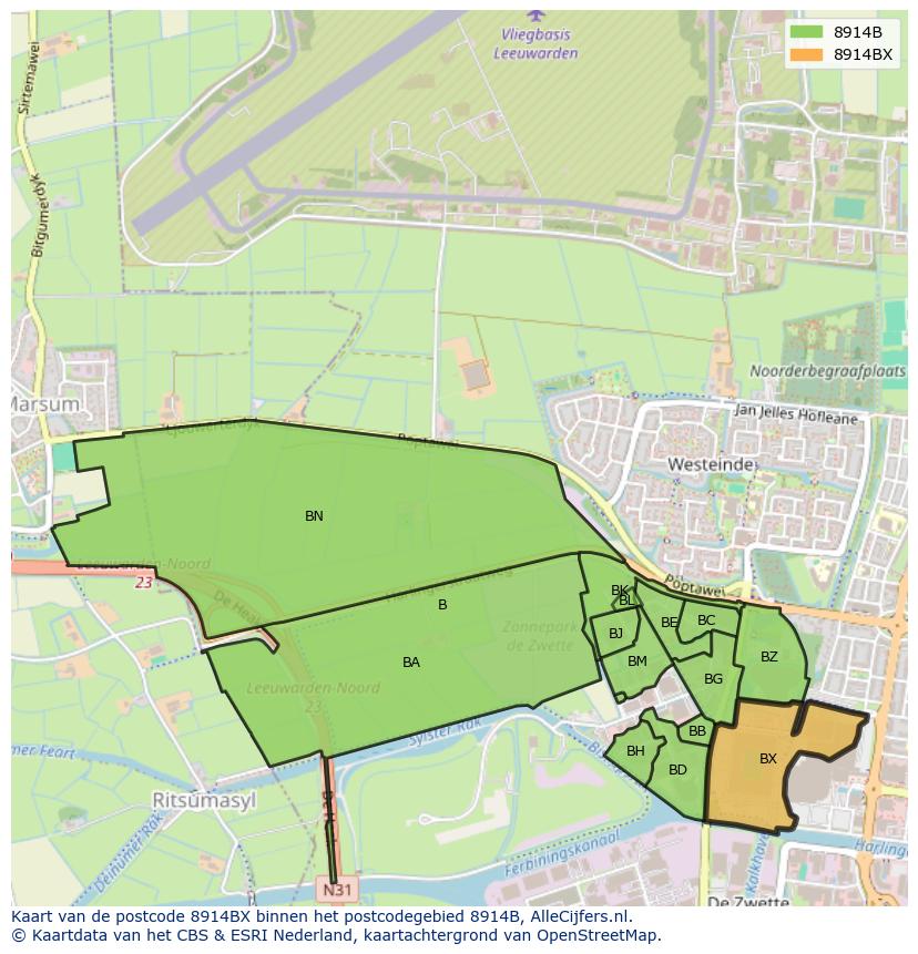 Afbeelding van het postcodegebied 8914 BX op de kaart.