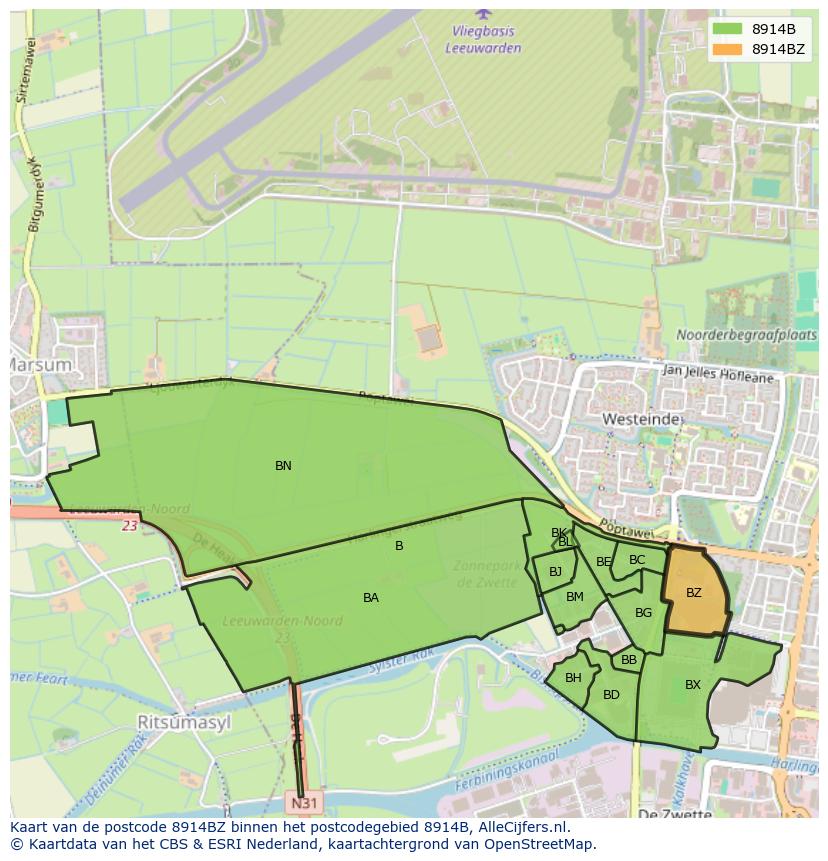 Afbeelding van het postcodegebied 8914 BZ op de kaart.