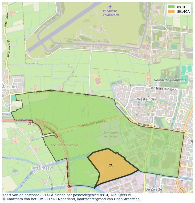 Afbeelding van het postcodegebied 8914 CA op de kaart.