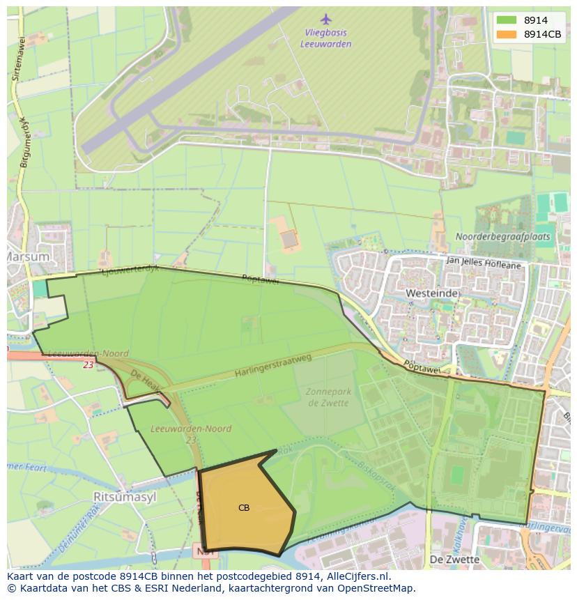 Afbeelding van het postcodegebied 8914 CB op de kaart.