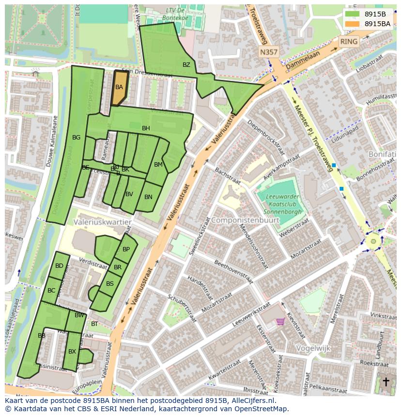 Afbeelding van het postcodegebied 8915 BA op de kaart.