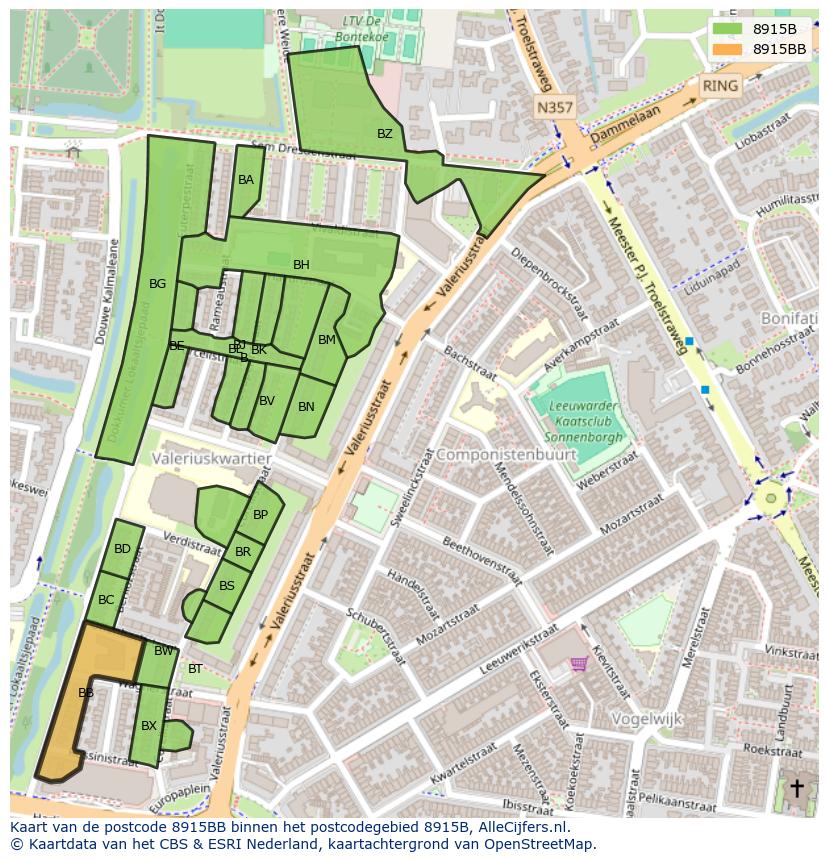 Afbeelding van het postcodegebied 8915 BB op de kaart.