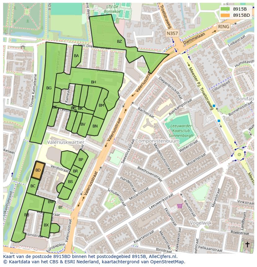 Afbeelding van het postcodegebied 8915 BD op de kaart.