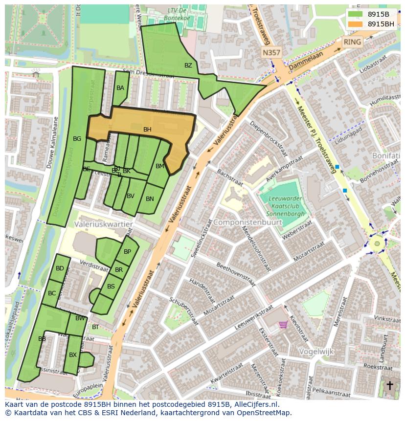Afbeelding van het postcodegebied 8915 BH op de kaart.