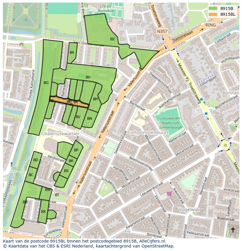 Afbeelding van het postcodegebied 8915 BL op de kaart.