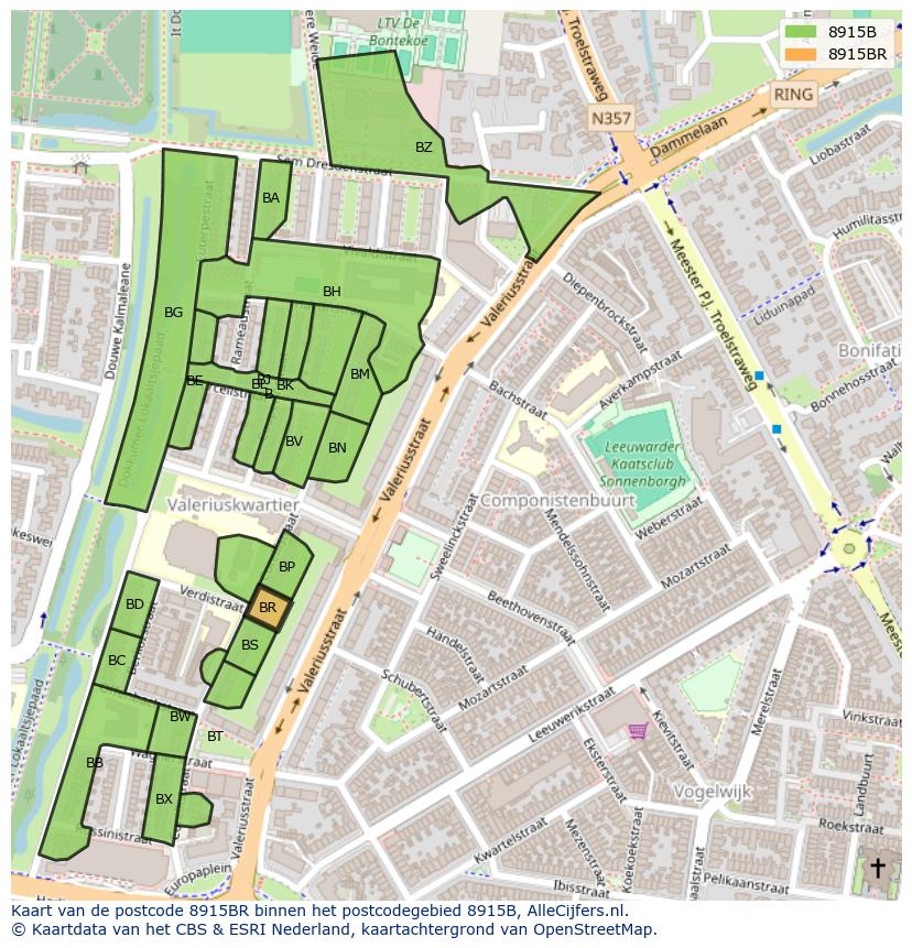 Afbeelding van het postcodegebied 8915 BR op de kaart.