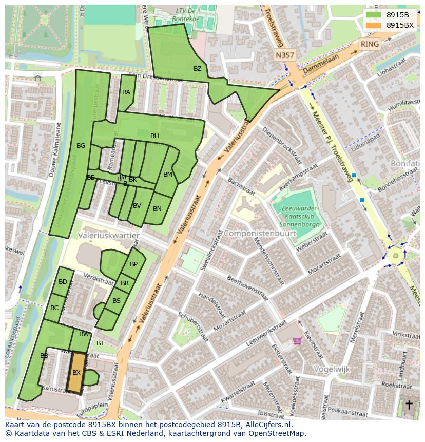 Afbeelding van het postcodegebied 8915 BX op de kaart.