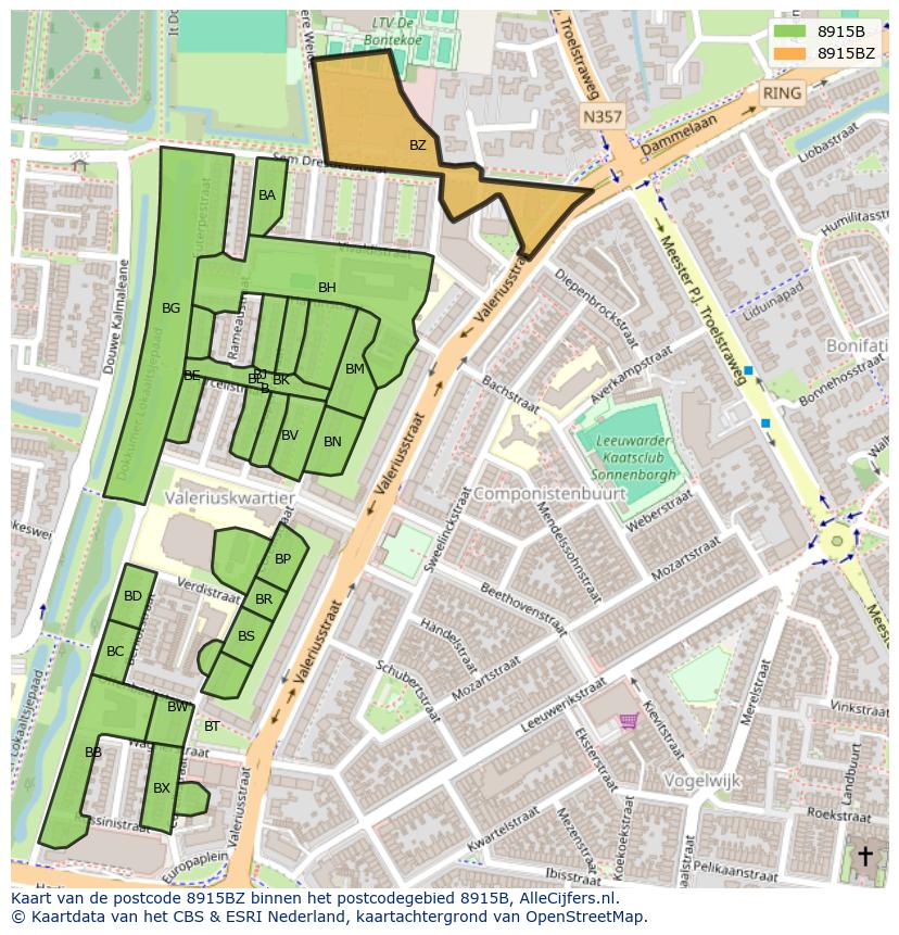 Afbeelding van het postcodegebied 8915 BZ op de kaart.