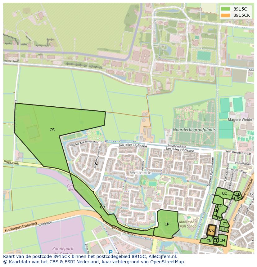 Afbeelding van het postcodegebied 8915 CK op de kaart.