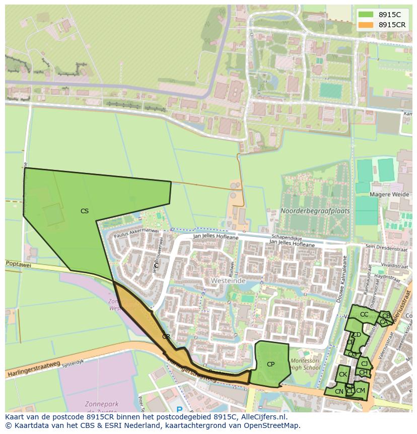 Afbeelding van het postcodegebied 8915 CR op de kaart.