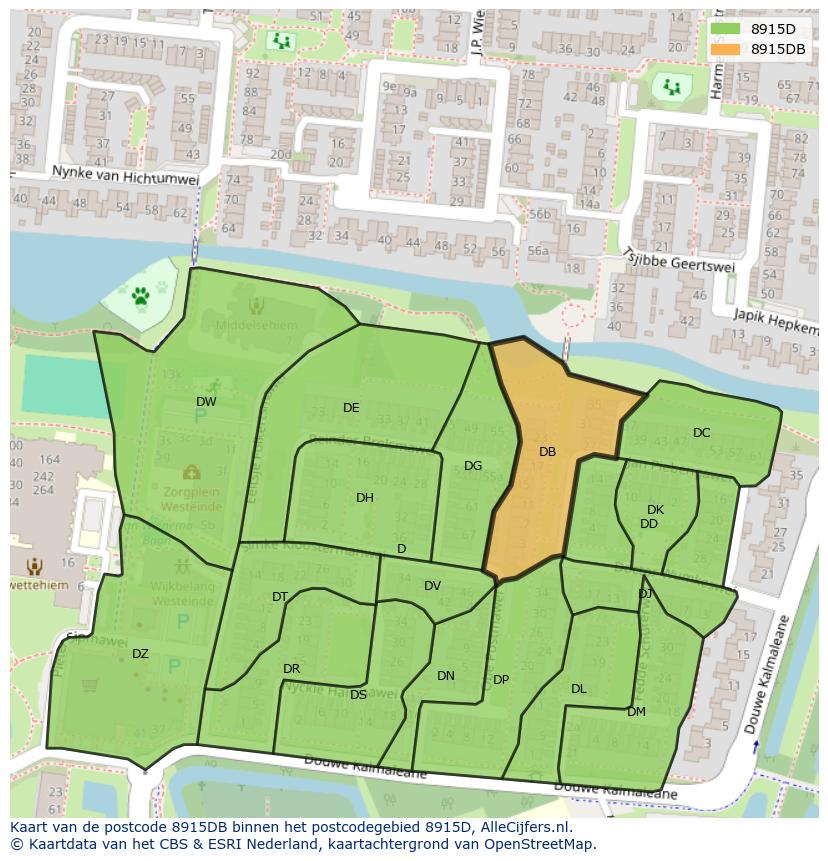 Afbeelding van het postcodegebied 8915 DB op de kaart.