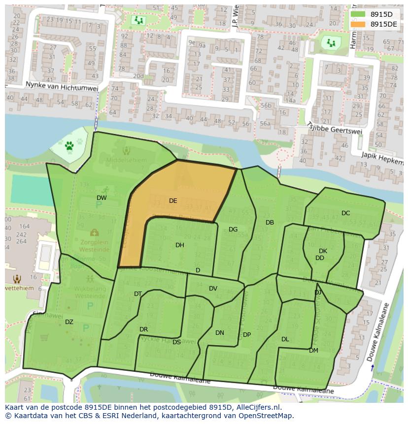 Afbeelding van het postcodegebied 8915 DE op de kaart.