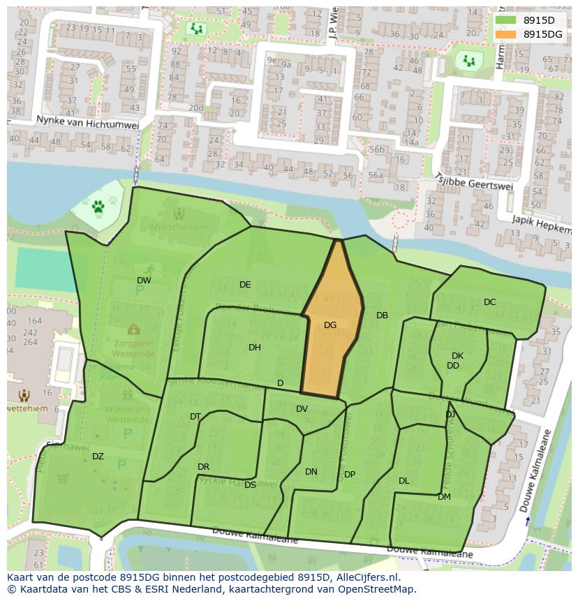 Afbeelding van het postcodegebied 8915 DG op de kaart.