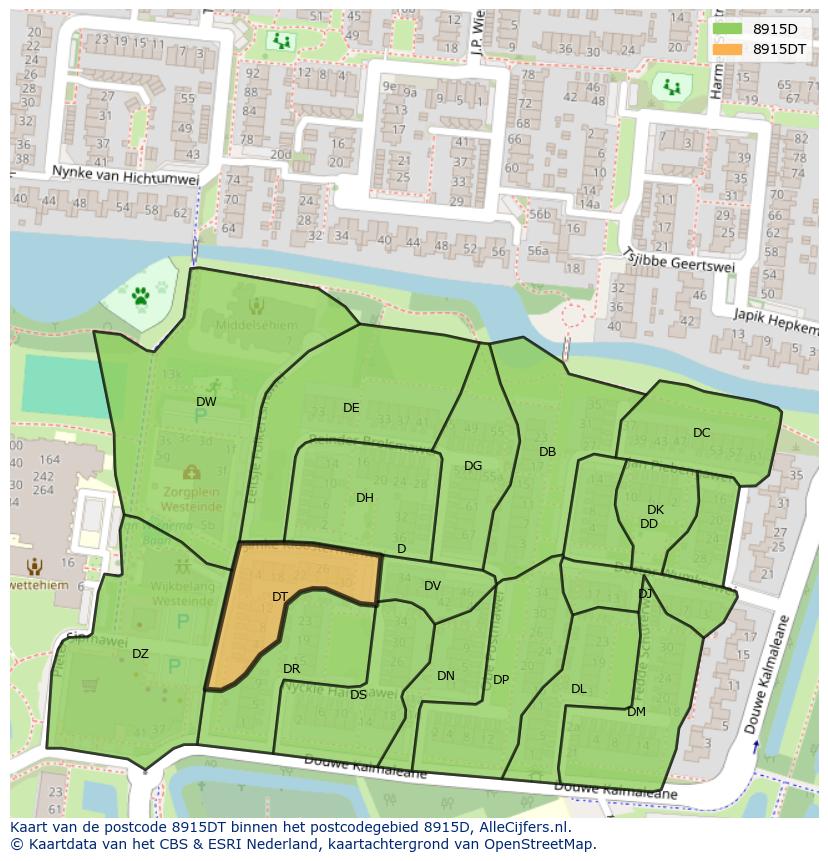 Afbeelding van het postcodegebied 8915 DT op de kaart.