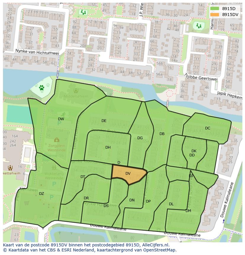 Afbeelding van het postcodegebied 8915 DV op de kaart.