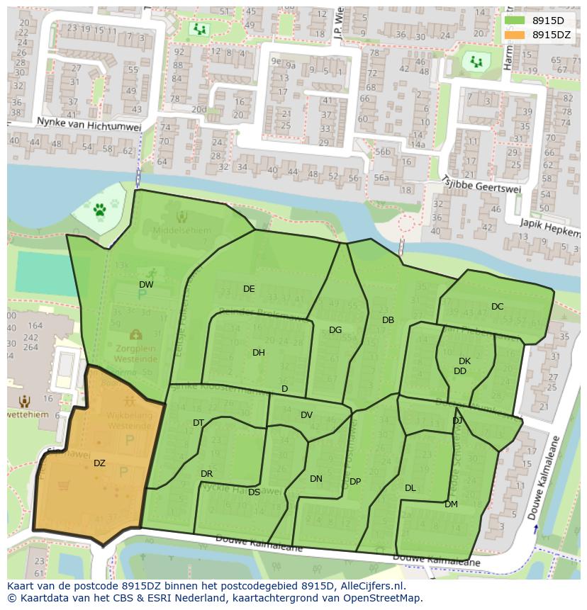 Afbeelding van het postcodegebied 8915 DZ op de kaart.