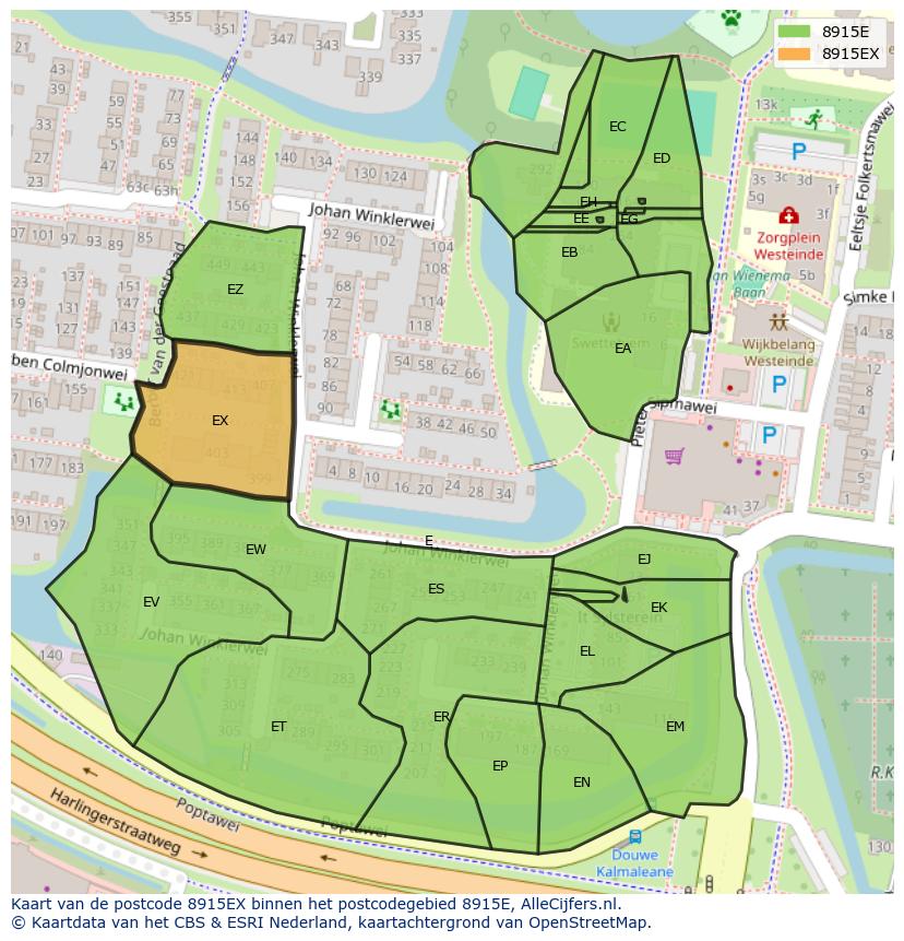 Afbeelding van het postcodegebied 8915 EX op de kaart.