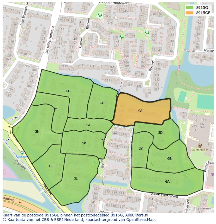 Afbeelding van het postcodegebied 8915 GE op de kaart.