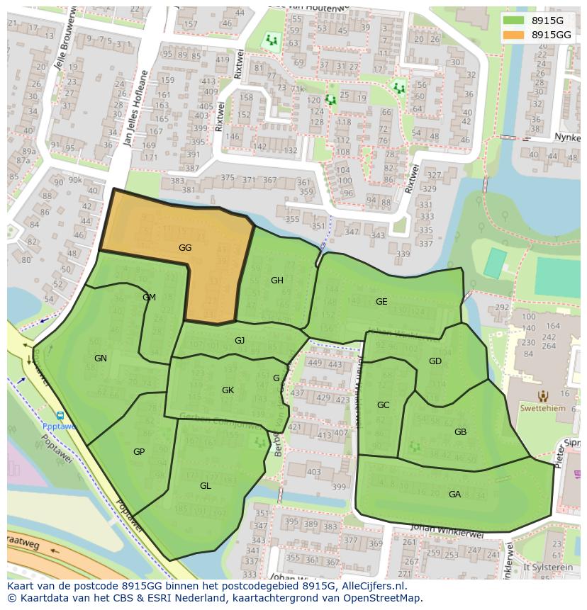 Afbeelding van het postcodegebied 8915 GG op de kaart.