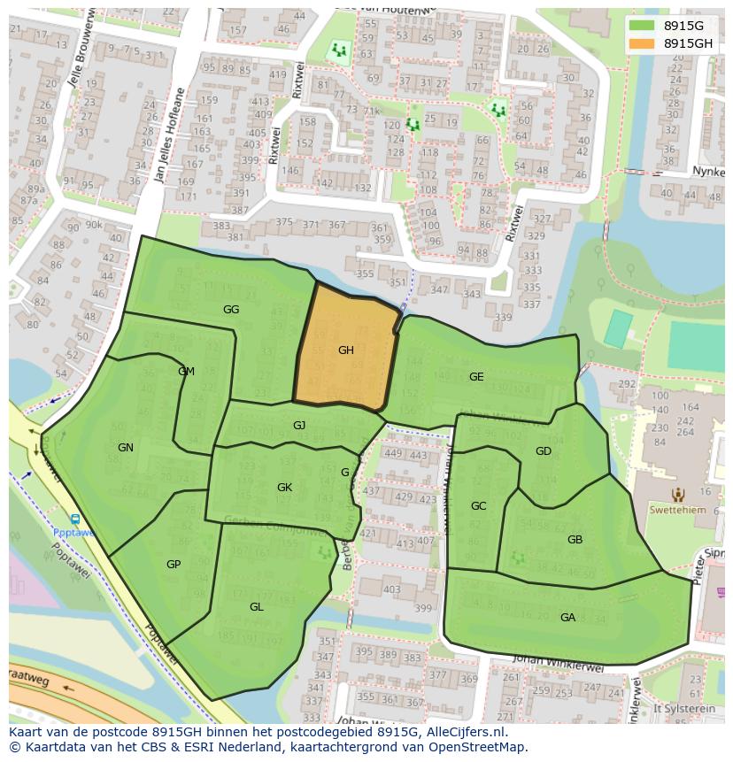 Afbeelding van het postcodegebied 8915 GH op de kaart.