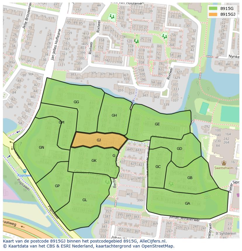 Afbeelding van het postcodegebied 8915 GJ op de kaart.