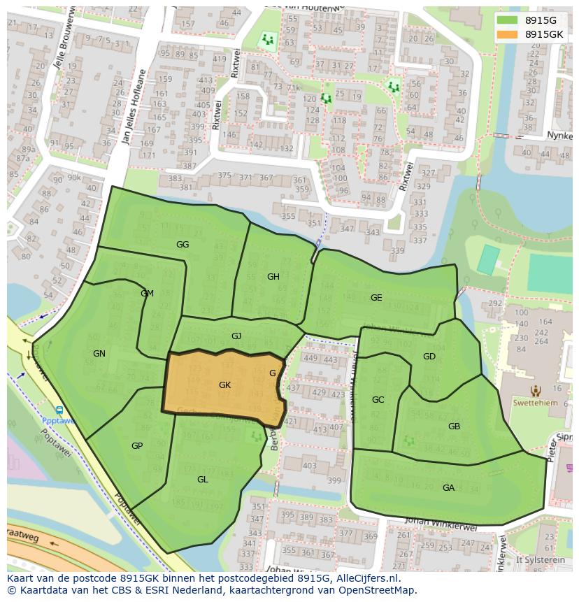 Afbeelding van het postcodegebied 8915 GK op de kaart.