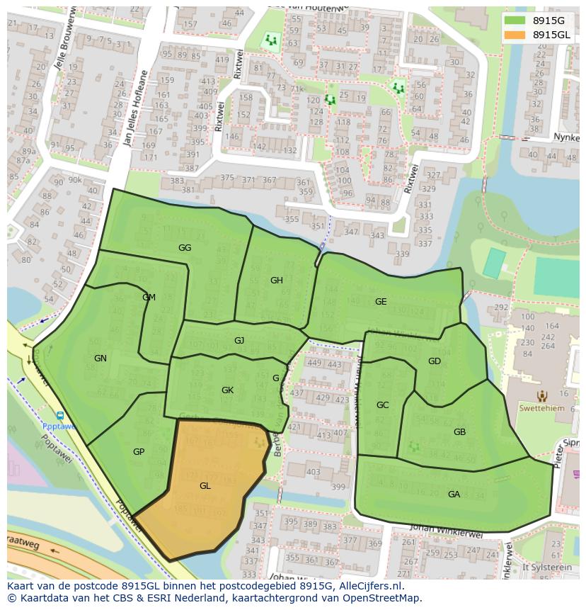 Afbeelding van het postcodegebied 8915 GL op de kaart.