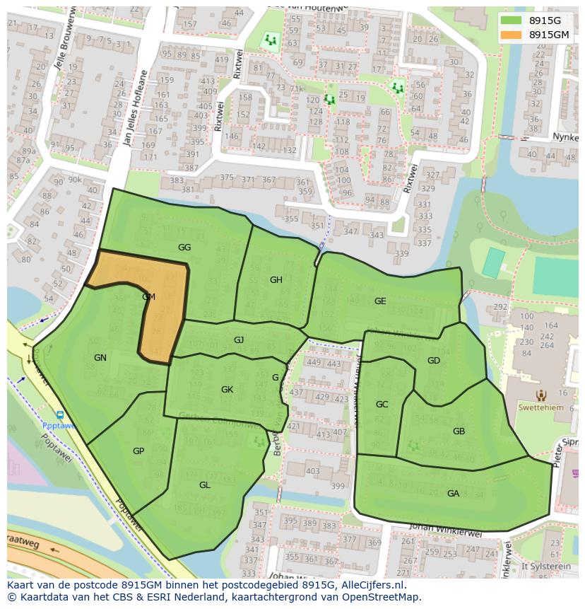 Afbeelding van het postcodegebied 8915 GM op de kaart.