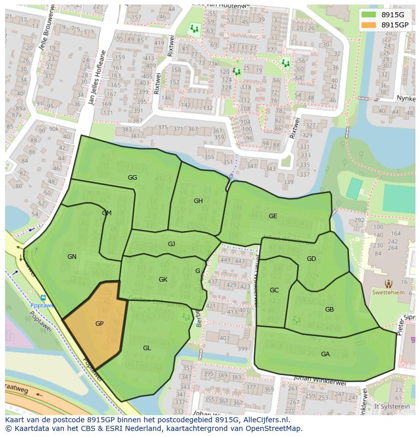 Afbeelding van het postcodegebied 8915 GP op de kaart.