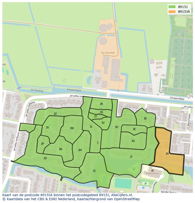 Afbeelding van het postcodegebied 8915 JA op de kaart.