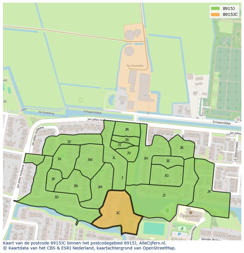 Afbeelding van het postcodegebied 8915 JC op de kaart.