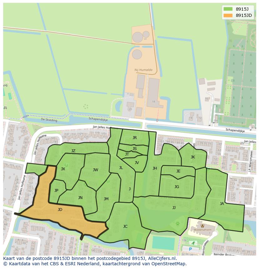 Afbeelding van het postcodegebied 8915 JD op de kaart.