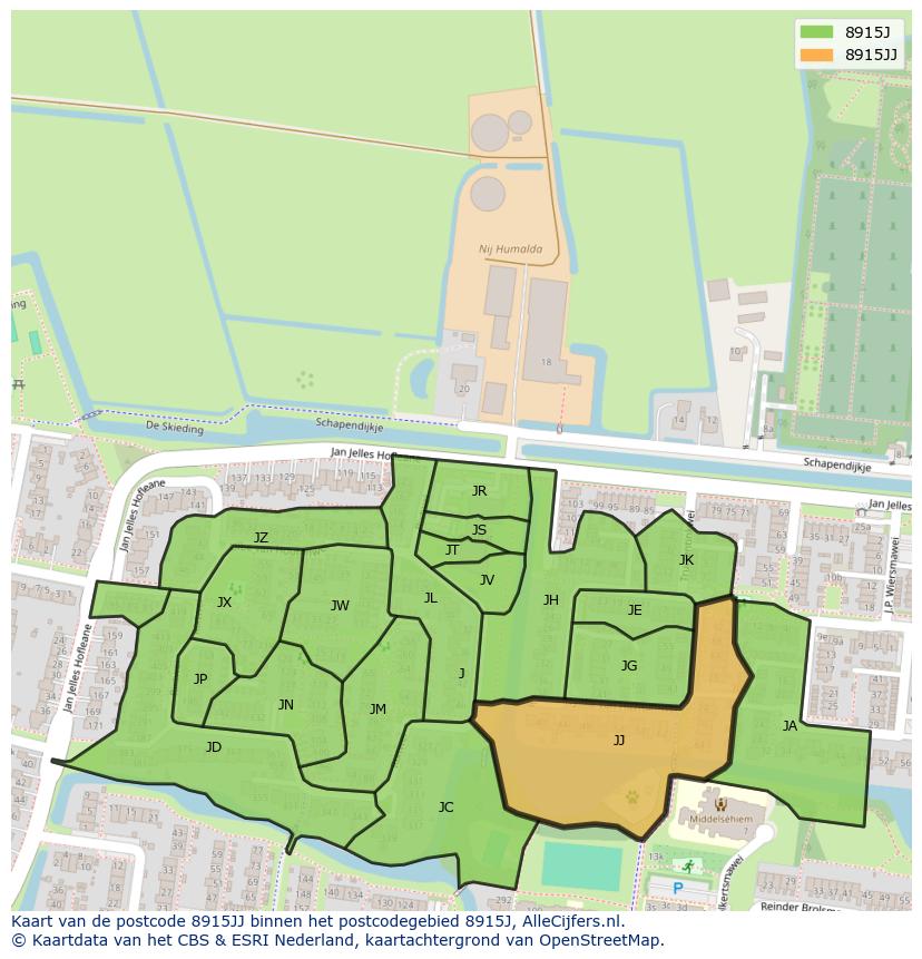 Afbeelding van het postcodegebied 8915 JJ op de kaart.