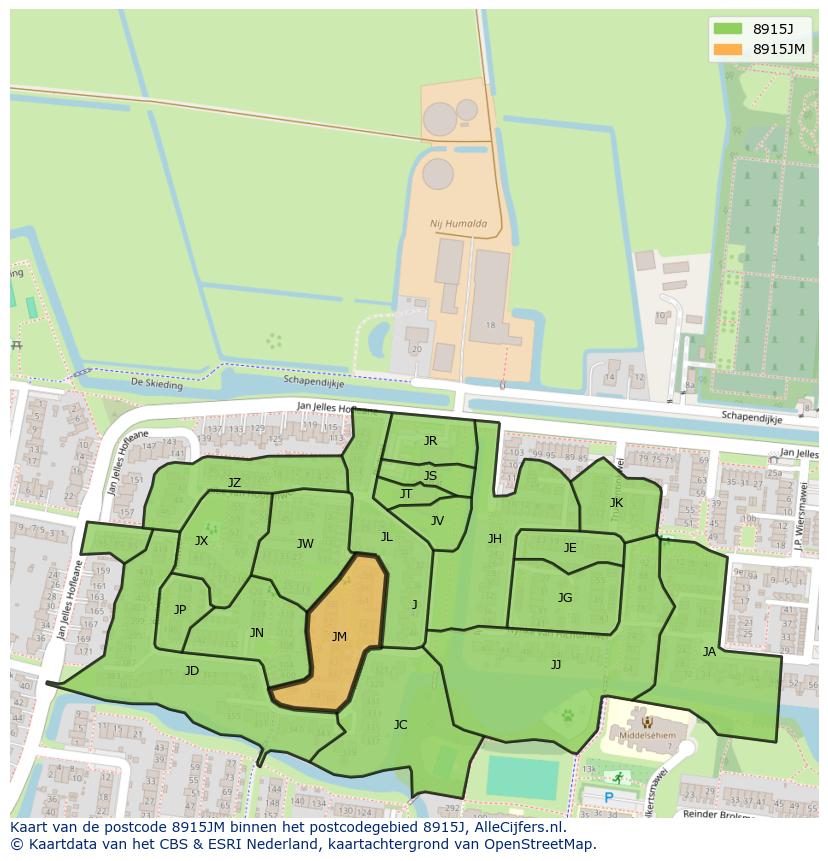 Afbeelding van het postcodegebied 8915 JM op de kaart.