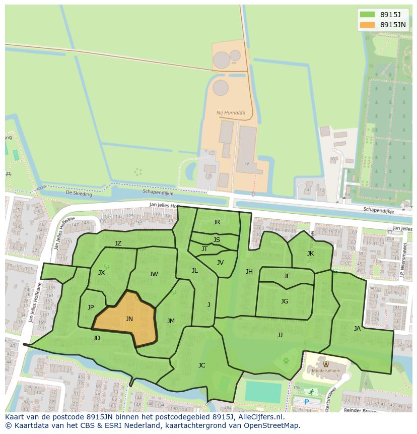 Afbeelding van het postcodegebied 8915 JN op de kaart.