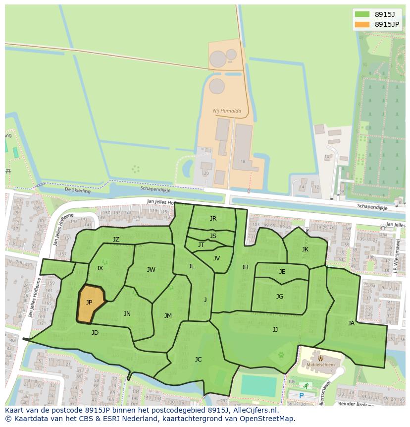 Afbeelding van het postcodegebied 8915 JP op de kaart.