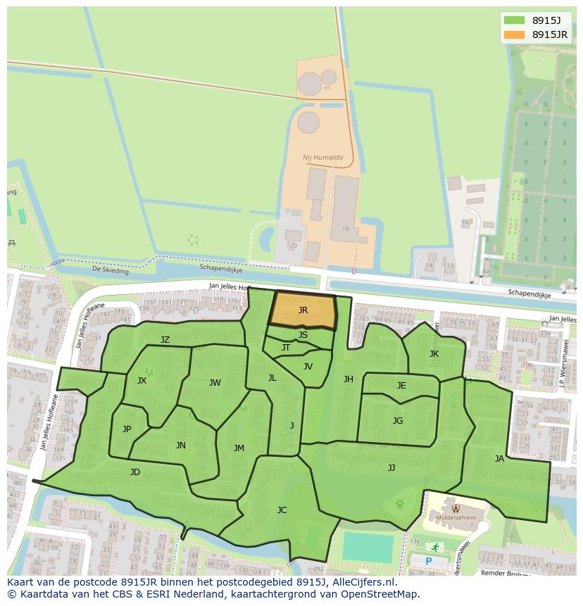 Afbeelding van het postcodegebied 8915 JR op de kaart.