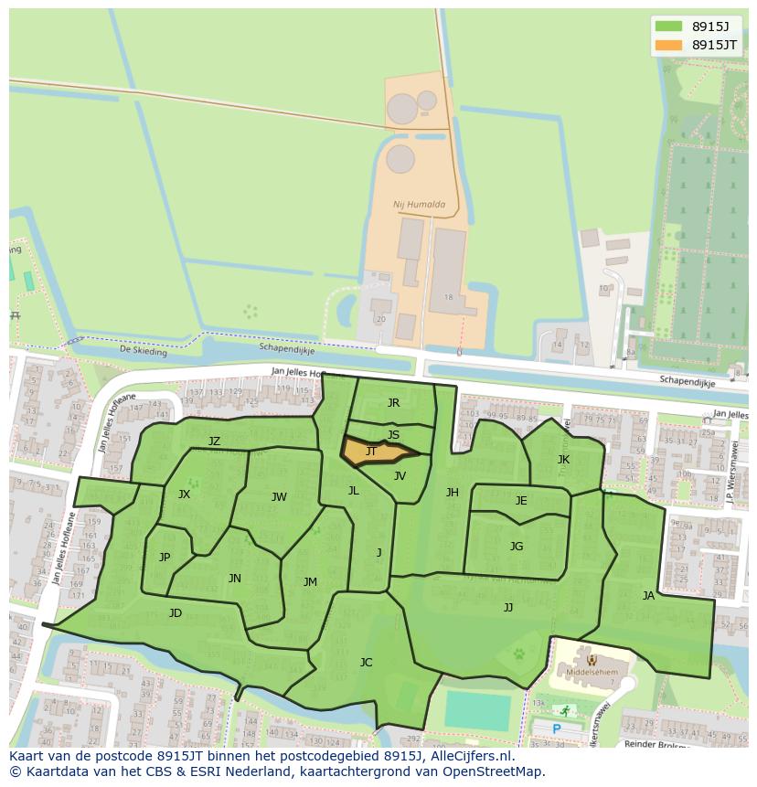 Afbeelding van het postcodegebied 8915 JT op de kaart.