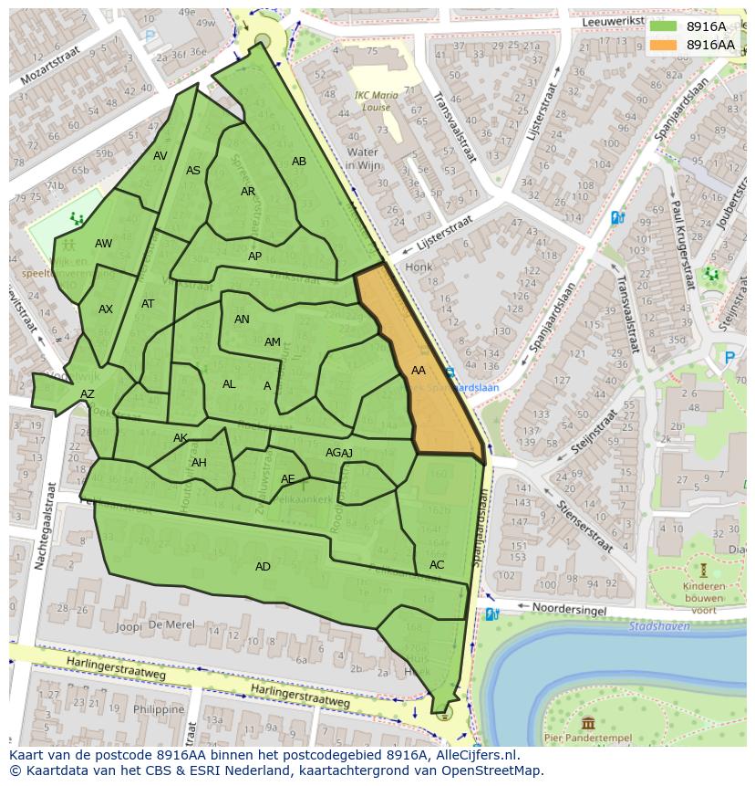 Afbeelding van het postcodegebied 8916 AA op de kaart.