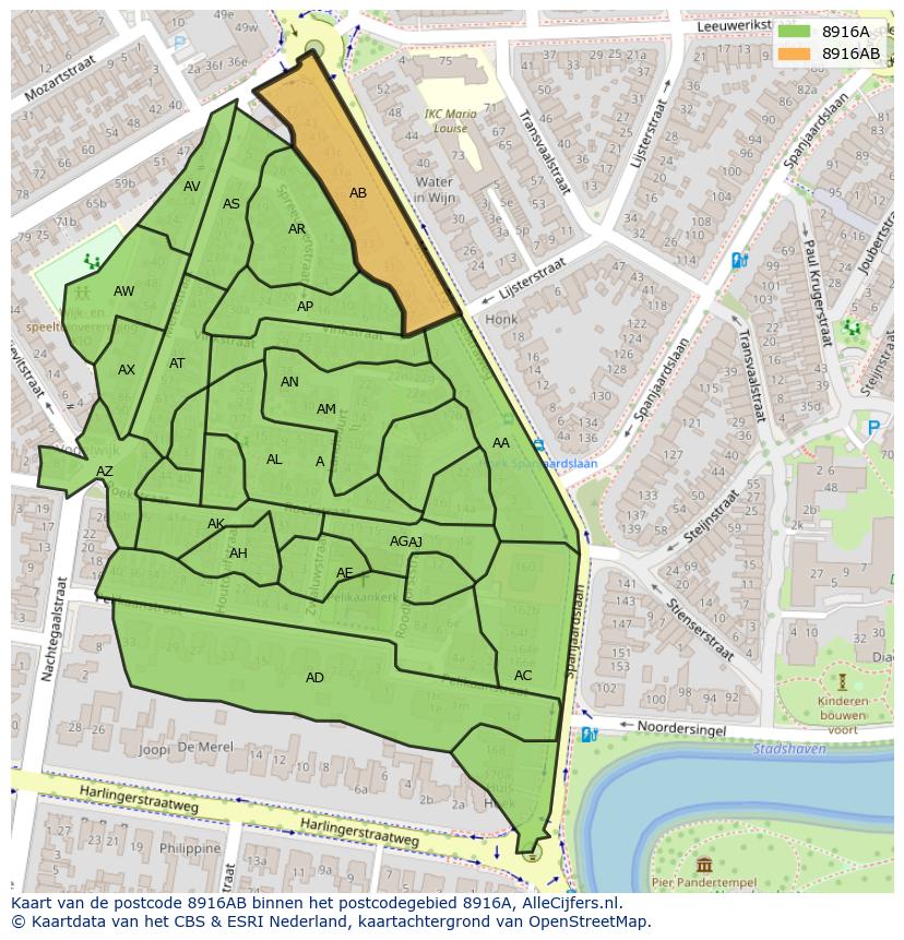 Afbeelding van het postcodegebied 8916 AB op de kaart.