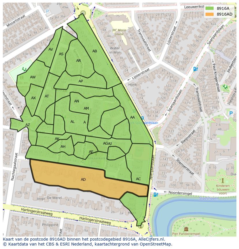 Afbeelding van het postcodegebied 8916 AD op de kaart.