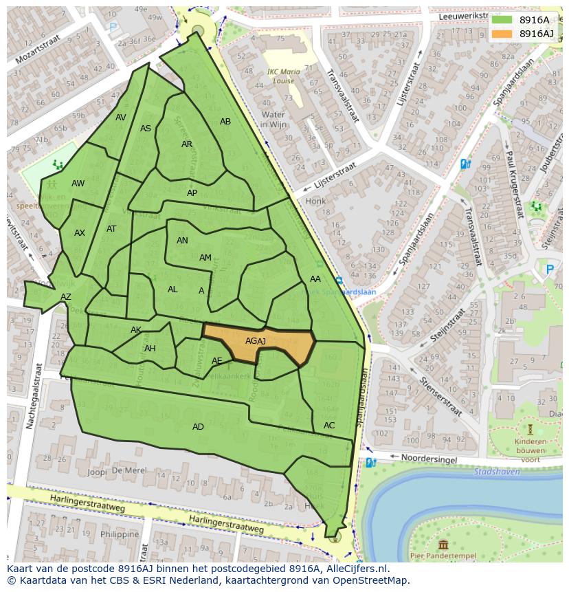 Afbeelding van het postcodegebied 8916 AJ op de kaart.