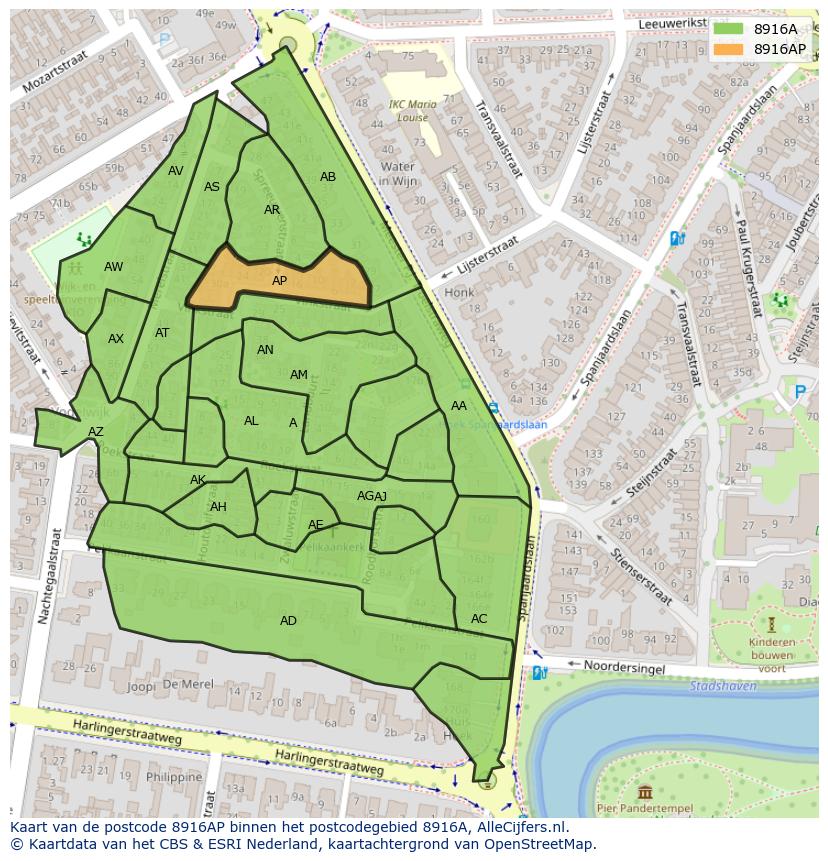 Afbeelding van het postcodegebied 8916 AP op de kaart.