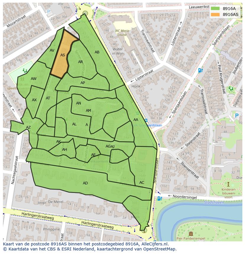 Afbeelding van het postcodegebied 8916 AS op de kaart.