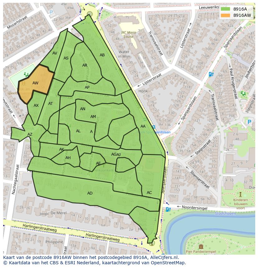 Afbeelding van het postcodegebied 8916 AW op de kaart.