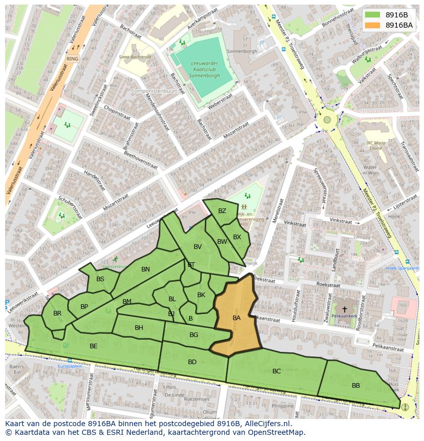 Afbeelding van het postcodegebied 8916 BA op de kaart.