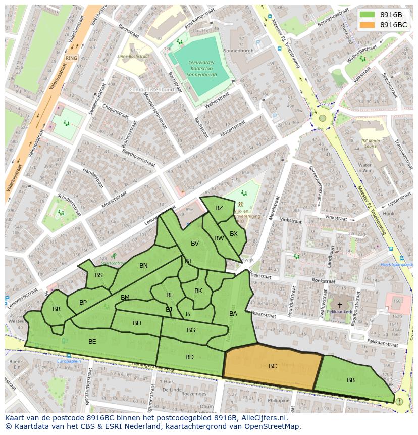 Afbeelding van het postcodegebied 8916 BC op de kaart.